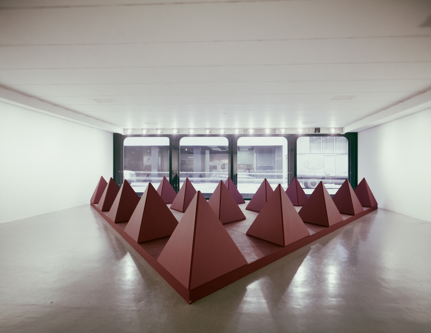 Plywood, painted red
4 ft. 73&amp;frasl;8&amp;nbsp;in. x 41 ft. 6 in. x 41 ft. 6 in.&amp;nbsp;(1.41 &amp;times; 12.65 &amp;times; 12.65 m)
Tony Smith: 81 More,&amp;nbsp;Museum of Modern Art, New York, 1971