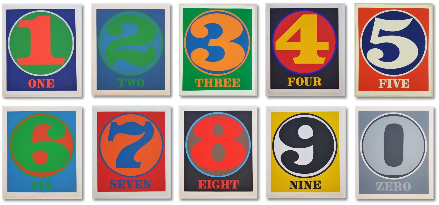 Ten serigraphs, each with a single numeral in circle, occupying the majority of the work, above the number spelled out. There are two horizontal rows of five serigraphs; the top row contains the prints of the numbers one through five, and the bottom row the numbers six through zero.