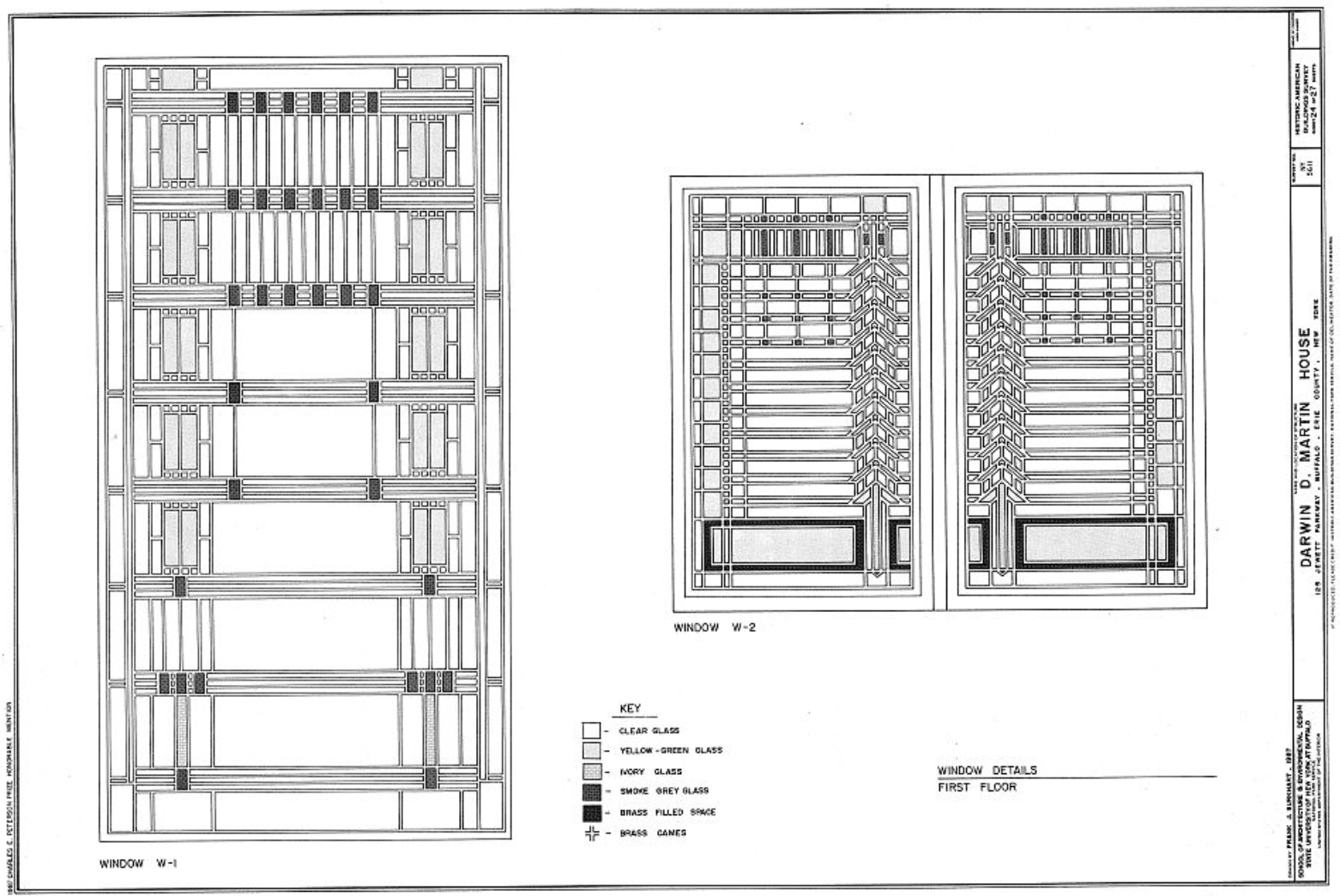 schematic drawing in black and white showing the windows on the main floor of the frank lloyd wright designed Martin House