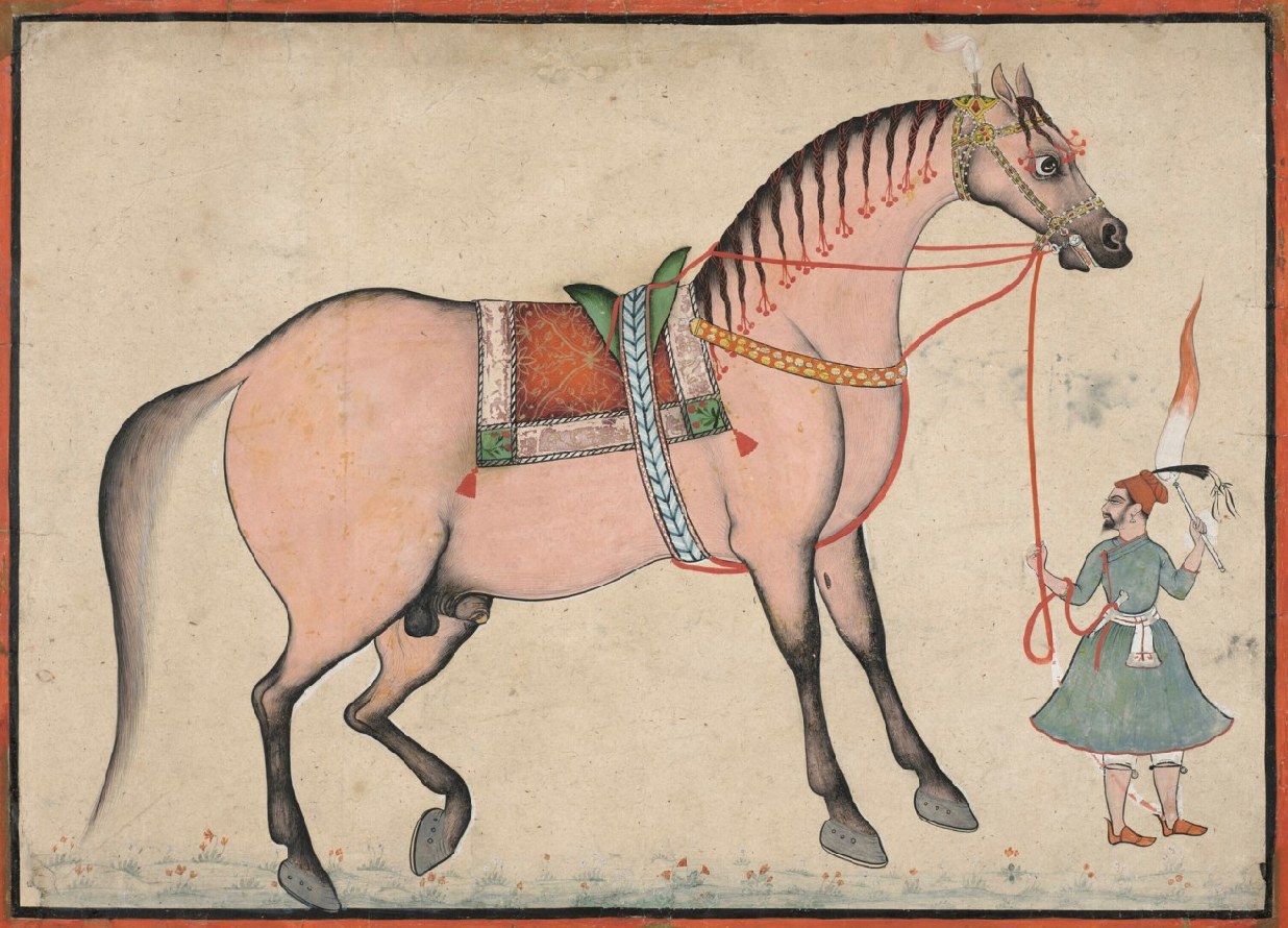 Indian painting of a pink stallion and groom