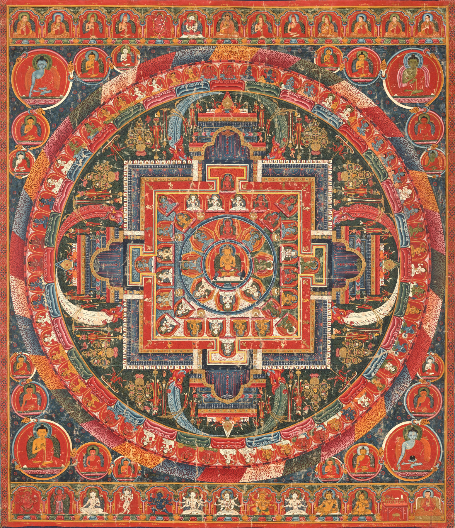 The painting depicts the mandala of Shakyamuni Buddha in the form of Shakya Simha, as described in the Vajravali (Adamantine Garland) treatise by Abhayakaragupta