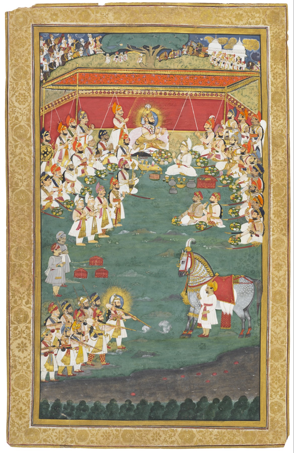 Maharana Bhim Singh of Mewar feasting and practicing shooting, Attributed to Ghasi