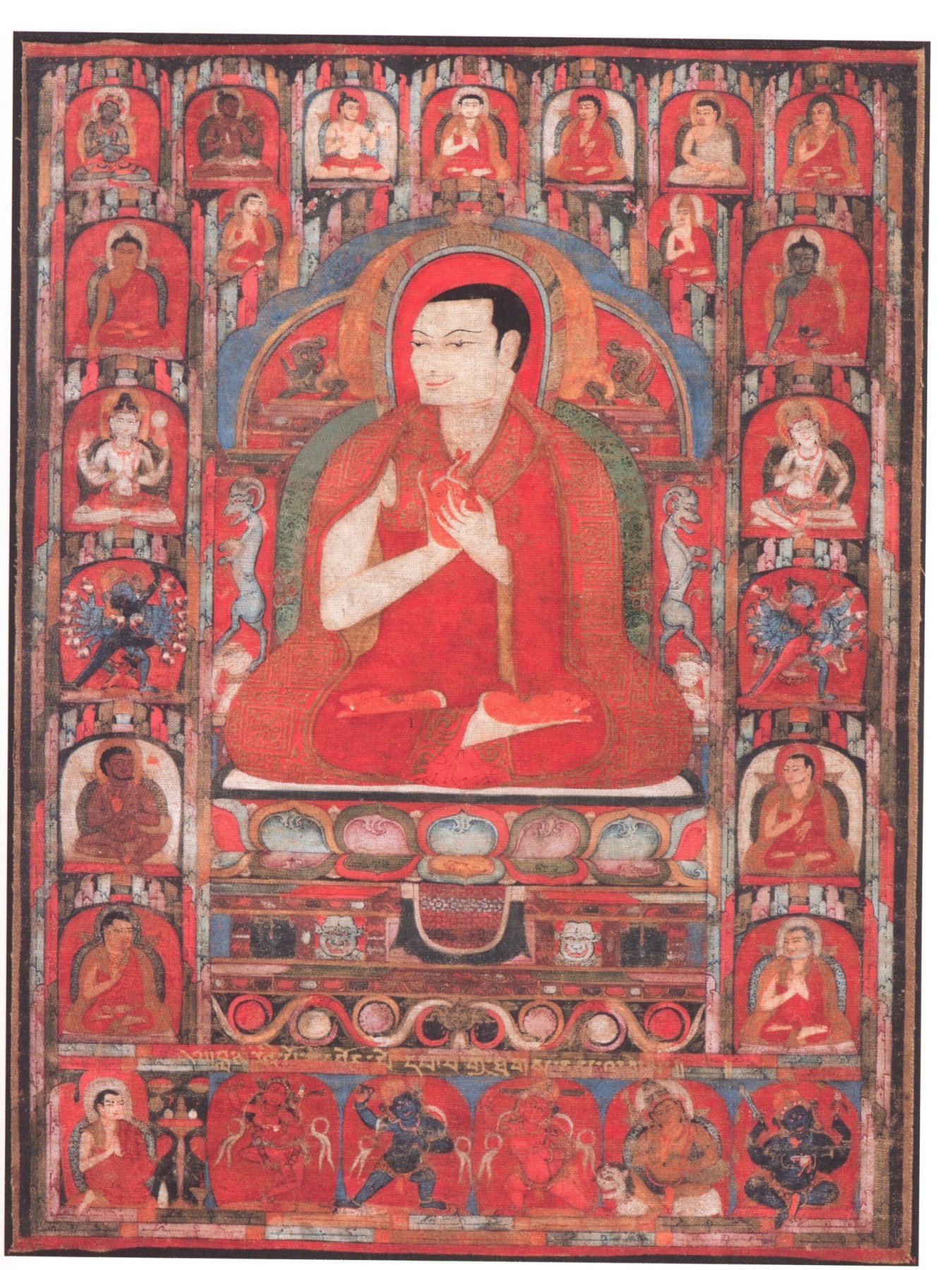 Taklung Abbot portrait identified as Taklung Tashipal with his lineage, manifestations, and two successors 