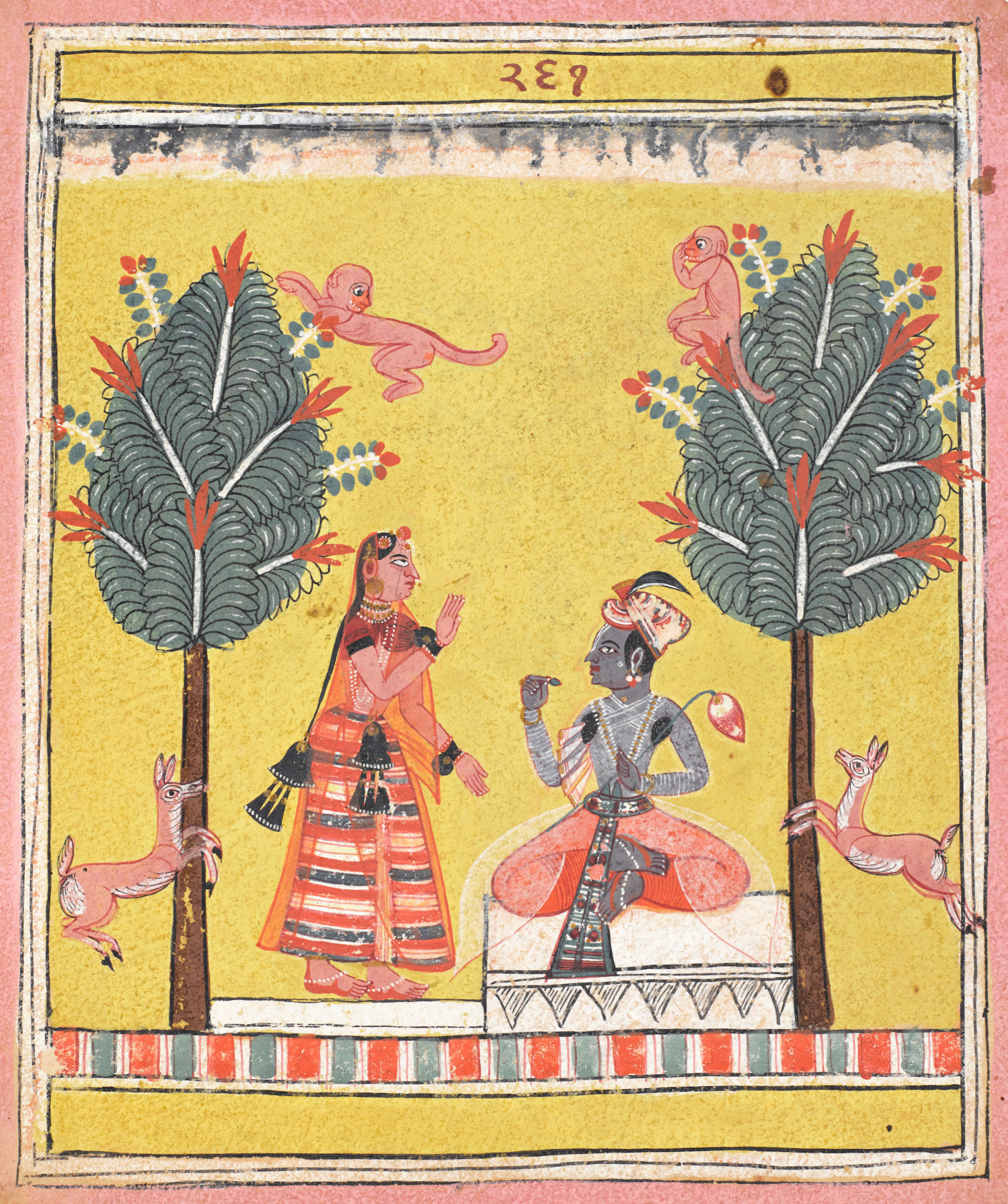 the sakhi is addressing Krishna, who is seated chewing pan in the woods between trees in which monkeys are gamboling and deer frolic