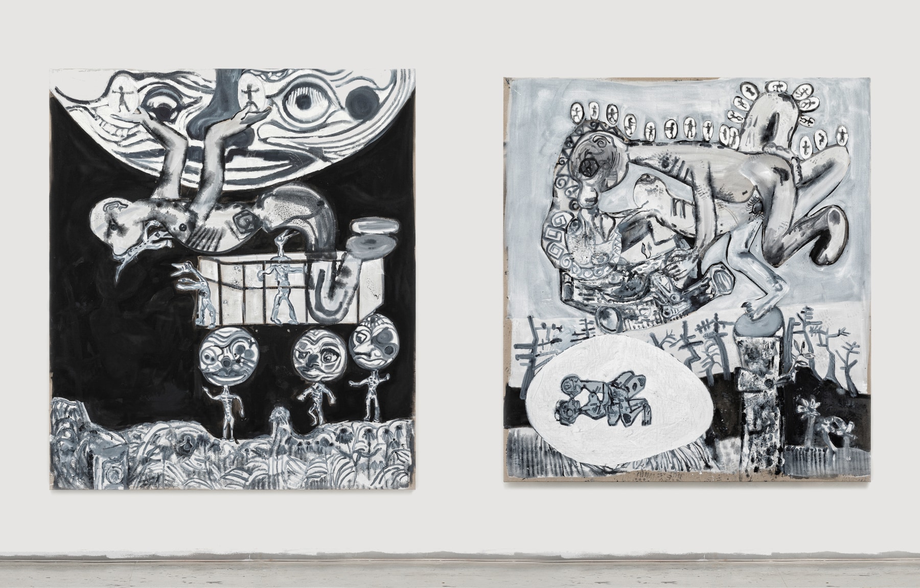 Left:&amp;nbsp;Balancing, 2020, mixed media on canvas, 90 1/2 x 78 3/4 x 1 1/2 inches (230 x 200 x 4 cm)
Right:&amp;nbsp;Coupling 1, 2020, mixed media on canvas, 86 5/8 x 78 3/4 x 1 1/2 inches (220 x 200 x 4 cm)
&amp;nbsp;