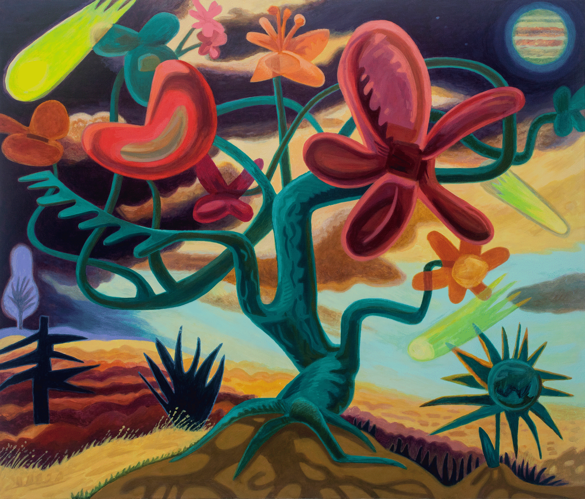 Cosmic Comets, 2023, acrylic on canvas, 36 x 42 in.