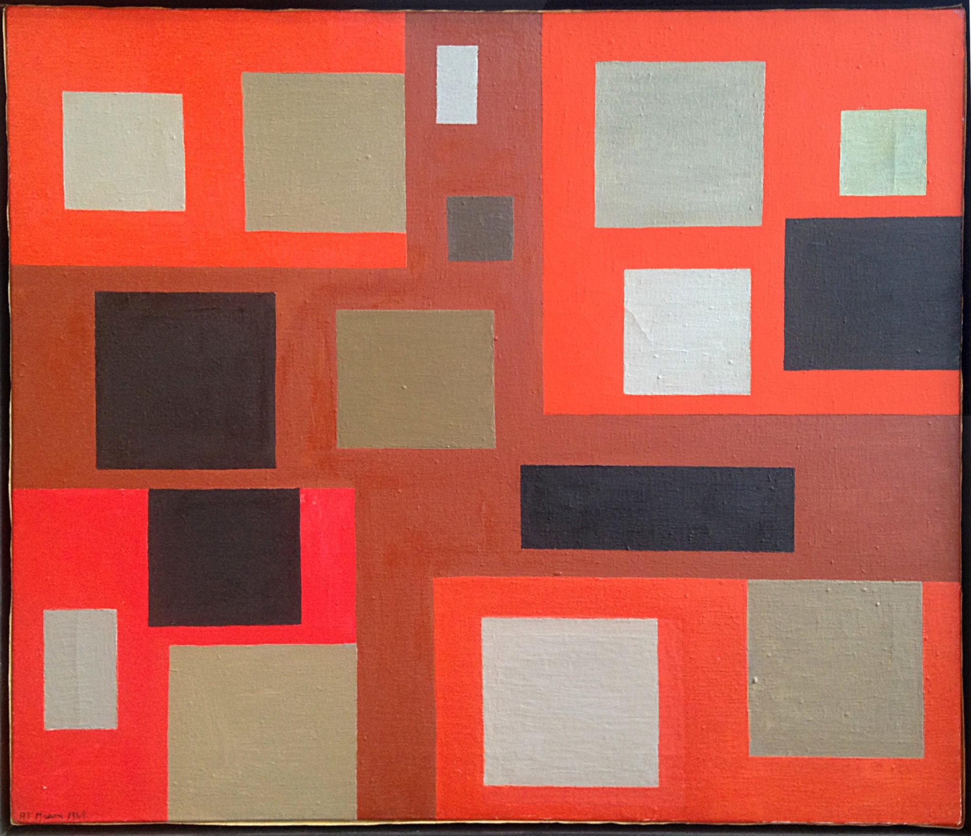 Abstract painting by Alice Trumbull Mason comprised of squares and rectangles in tones of red and grey