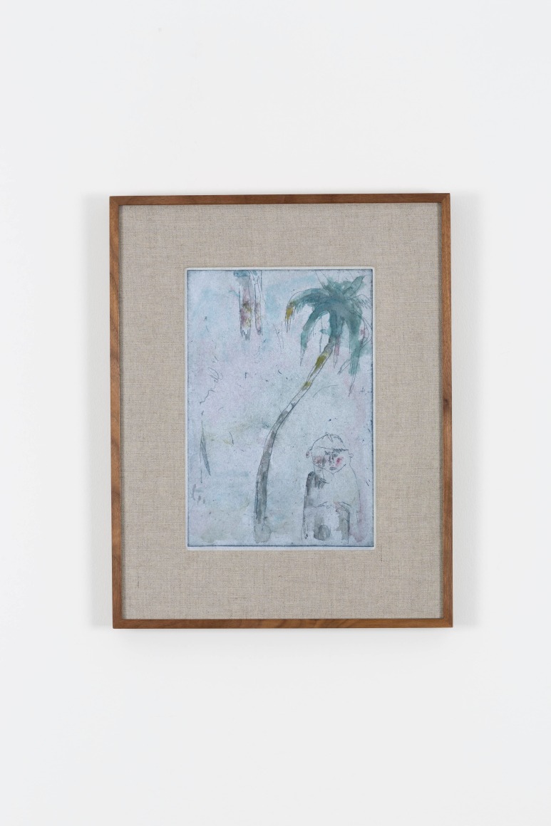 etching of a palm tree with a misty blue background