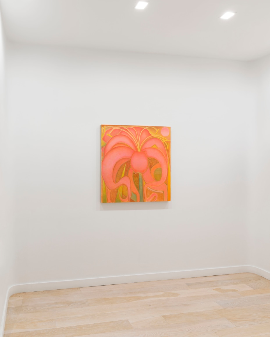 installation view of paintings in a white room