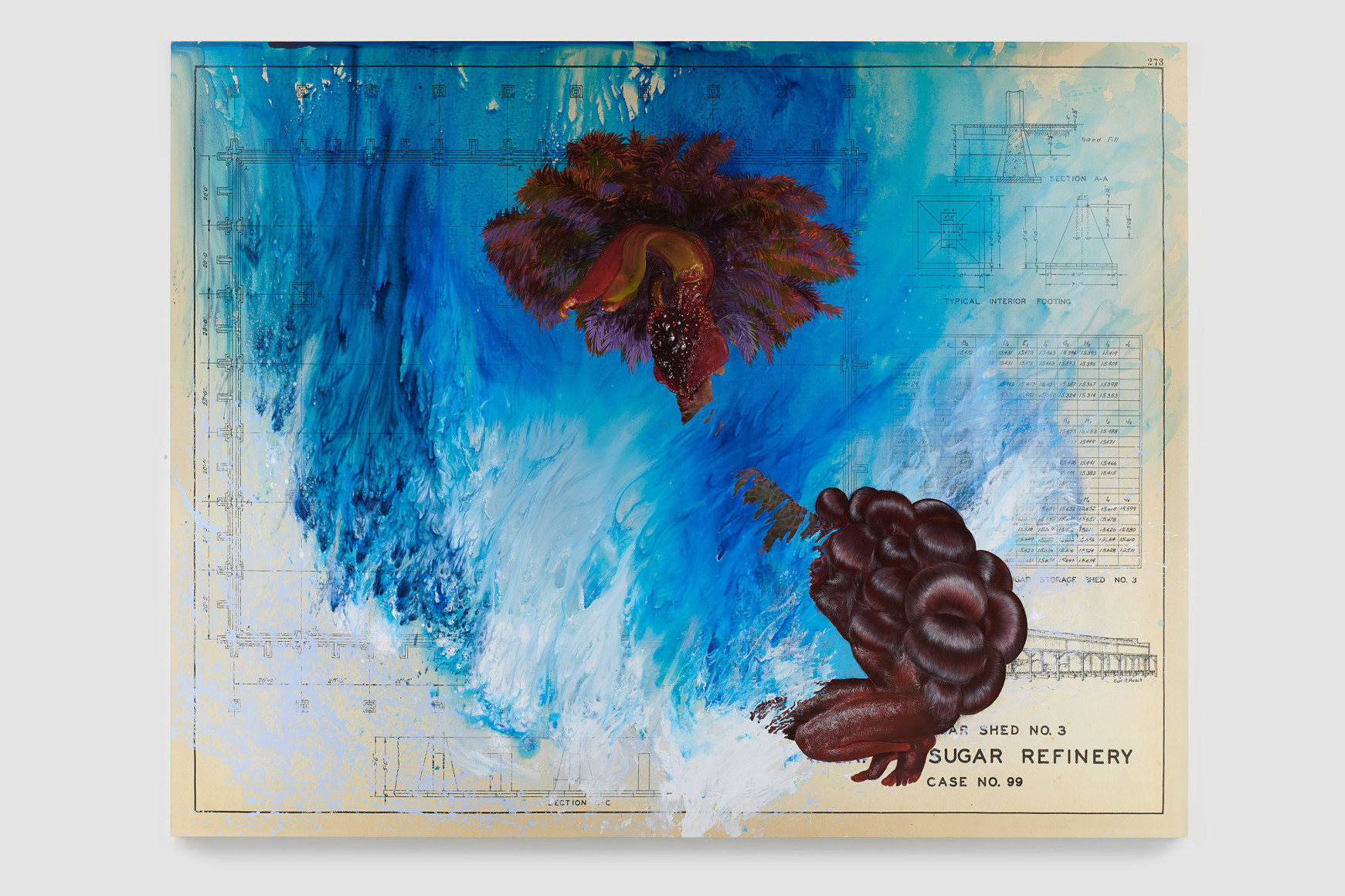 Swirling blue paint, lustrous knotted hair, crouching ciguapa and biomorphic palm tree overlain over an enlarged plan of a historical sugar refinery