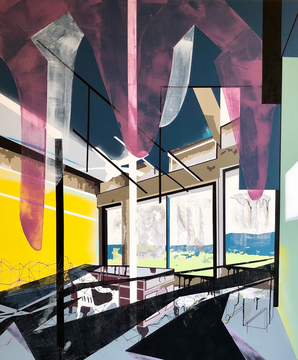 EMILIE DUVAL | REFLECTIVE TRAP | ACRYLIQUE, ENCRE, MARQUEUR ET PEINTURE AÉROSOL SUR TOILE | 60 X 50 POUCES | 2019