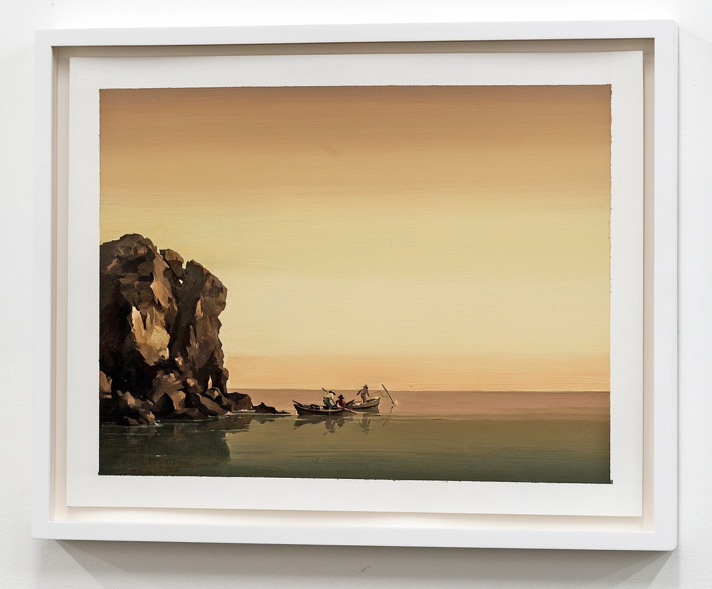 ANDREW MORROW | LARGE ROCK WITH TWO BOATSMEN | HUILE SUR PAPIER DE COTON PRÉPARÉ | 18 X 14 POUCES | 2015