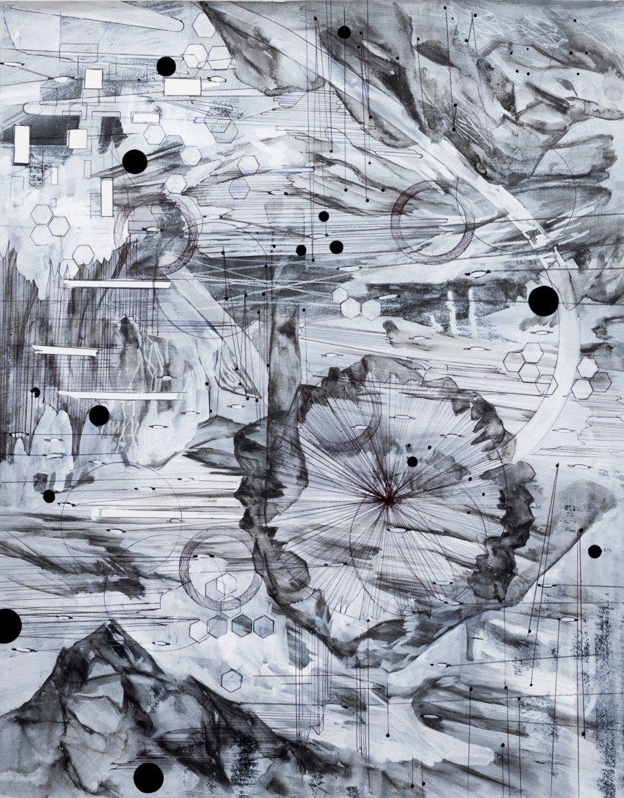 AMY SCHISSEL | POST DIGITAL LANDSCAPES SERIES #8 | ACRYLIC, GRAPHITE, CHARCOAL AND INK ON PAPER | 22,5 X 18 INCHES | 2017,  