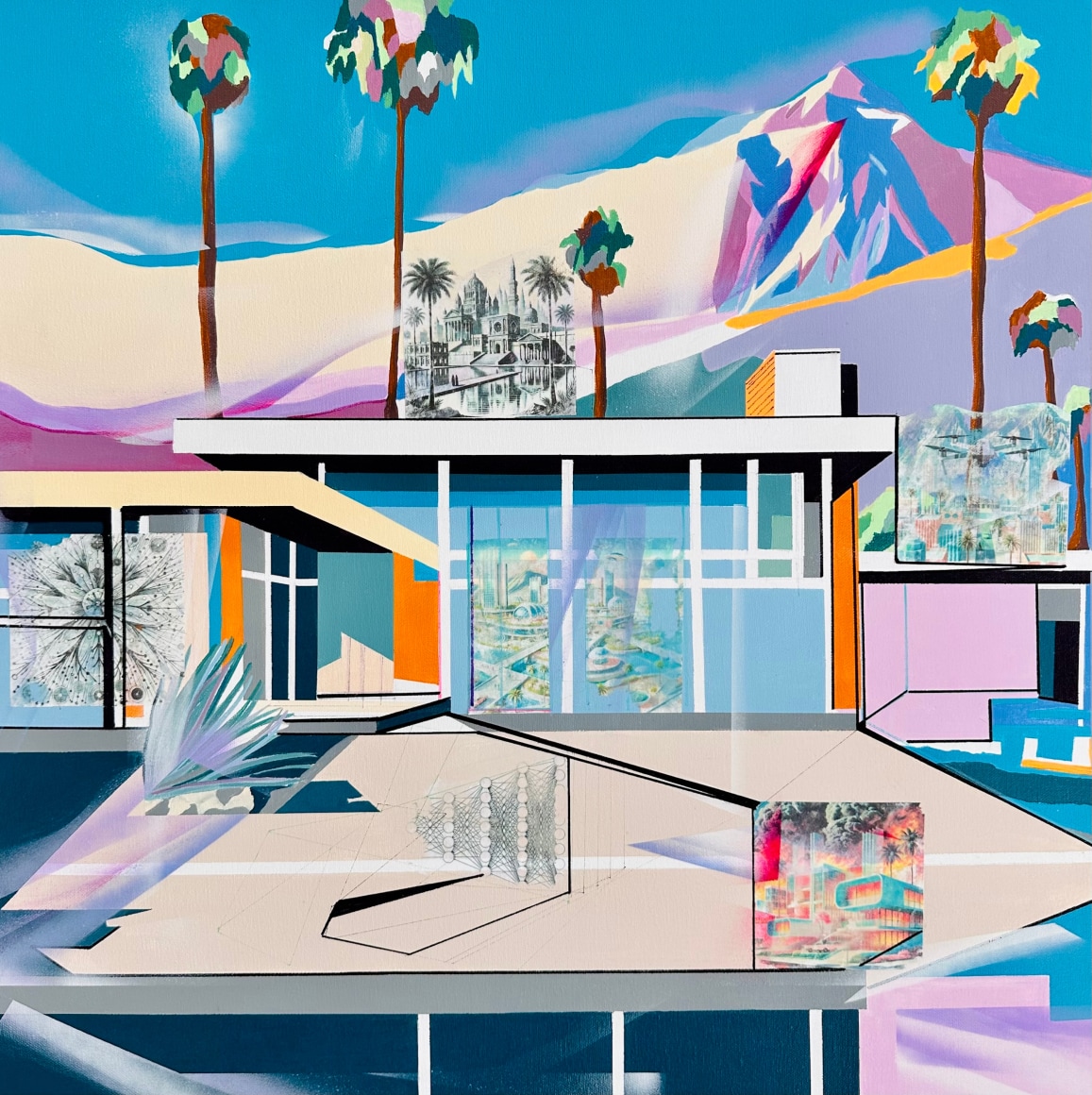 EMLIE DUVAL | HOUSE OF REALITY I | ACRYLIQUE, MARQUEUR, PEINTURE EN AÉROSOL, COLLAGE SUR TOILE | 24 X 24 POUCES | 2024,  