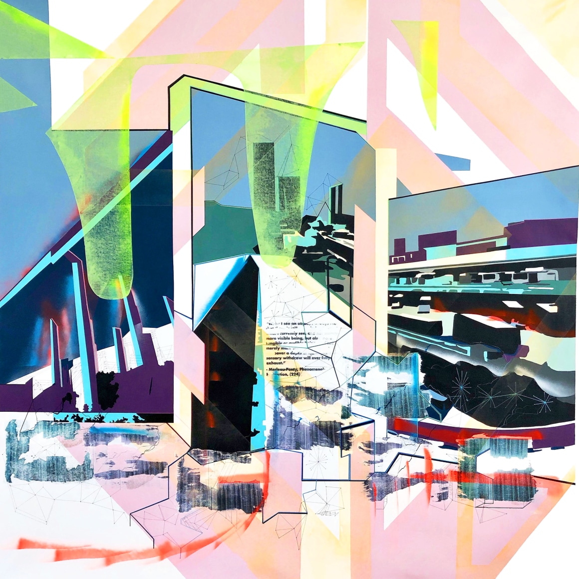 EMILIE DUVAL | THE ISLAND VI - PHENOMENOLOGY AND LIBERTY | ACRYLIC, INK, MARKER,&nbsp;SPRAY PAINT AND COLLAGES ON CANVAS | 60 X 60 INCHES | 2019, &nbsp;