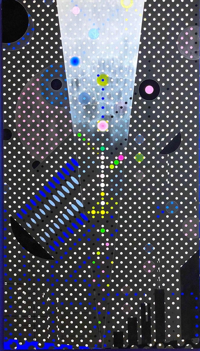 JANET JONES | VOICES OF LOVE | ACRYLIQUE, GOUACHE SUR TOILE À MOTIFS | 96 X 54 POUCES 