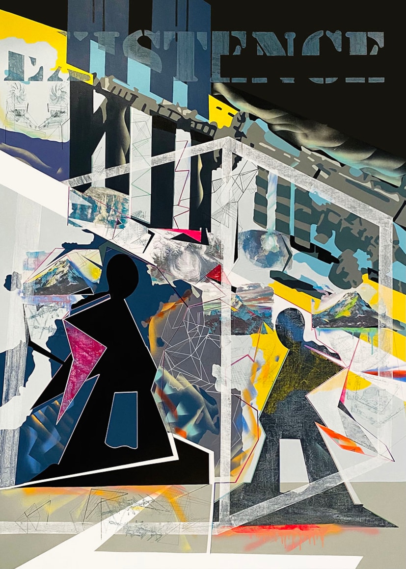 EMILIE DUVAL | EXISTENCE | ACRYLIQUE, ENCRE, MARQUEUR, ET PEINTURE AÉROSOL SUR TOILE | 72 X 50 POUCES | 2022