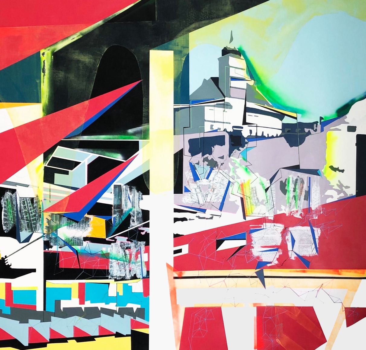 EMILIE DUVAL | THE ISLAND V - THE CASTLE | ACRYLIQUE, ENCRE, MARQUEUR, PEINTURE AÉROSOL ET COLLAGES SUR TOILE | 72 X 72 POUCES | 2019
