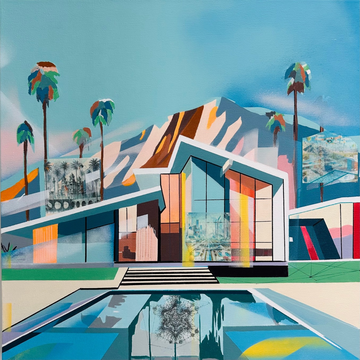 EMILIE DUVAL | SILICON HORIZON II | ACRYLIQUE, MARQUEUR, PEINTURE EN AÉROSOL, COLLAGE SUR TOILE | 20 X 20 POUCES | 2024,  