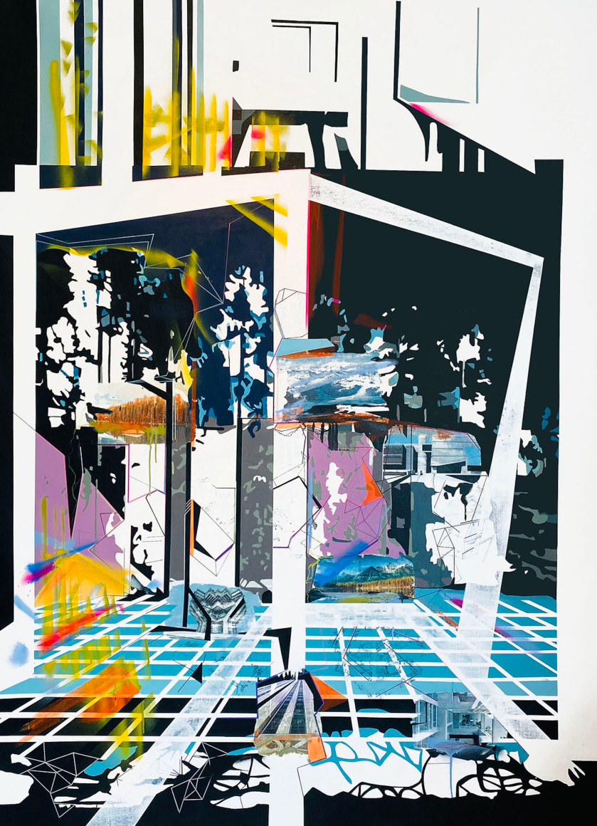 EMILIE DUVAL | WHEN THE FORESTS WILL BE FULLY INTEGRATED | ACRYLIQUE, ENCRE, MARQUEUR, ET PEINTURE AÉROSOL SUR TOILE | 72 X 50 POUCES | 2022,  
