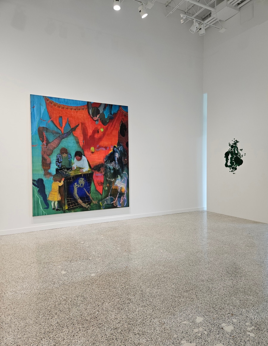 Taha Heydari, Election day, 2022, Acrylic on canvas, 98 x 84 in (248.9 x 213.4 cm),&nbsp;Rob Wynne, Green Afternoon, 2024, Poured and mirrored glass, 35 x 25 (88.9 x 63.5 cm)