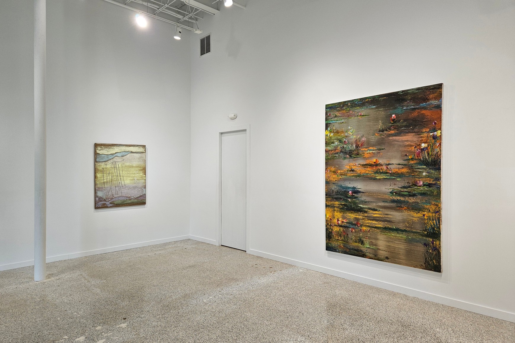 Nancy Lorenz, Cieli e Terra Nuova, 2023, Pigment, burlap on masonite, 50 x 40 in (127 x 101.6 cm),&nbsp;Nir Hod, 100 Years Is Not Enough, 2023, Oil paint under and on top of chromed linen, 90 x 63 in (228.6 x 160 cm)