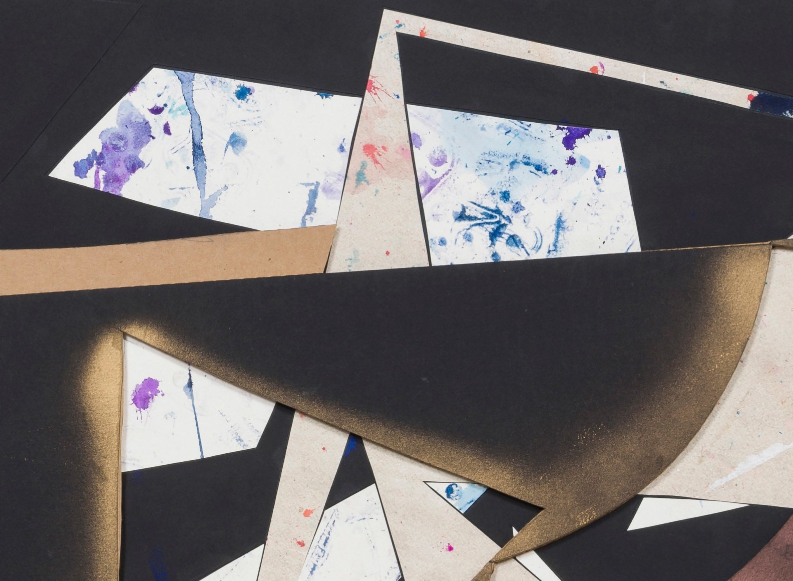 Detail of Untitled (wht.flr.ppr.blk.ppr.gld.spry.crdbrd.), 2016, Gouache, acrylic, graphite, spray paint, glue, paper, cardboard, aluminum and wood panel