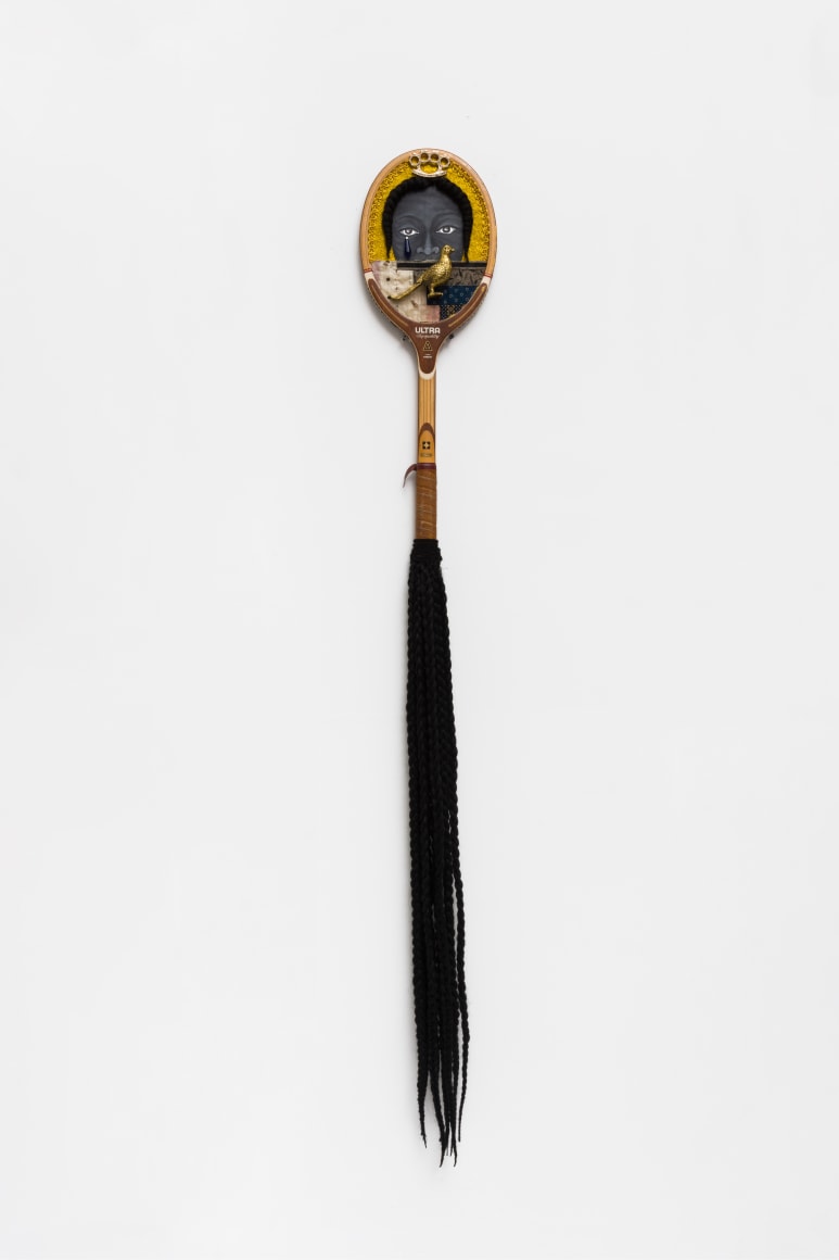 Throat, 2019, Mixed media on tennis racket