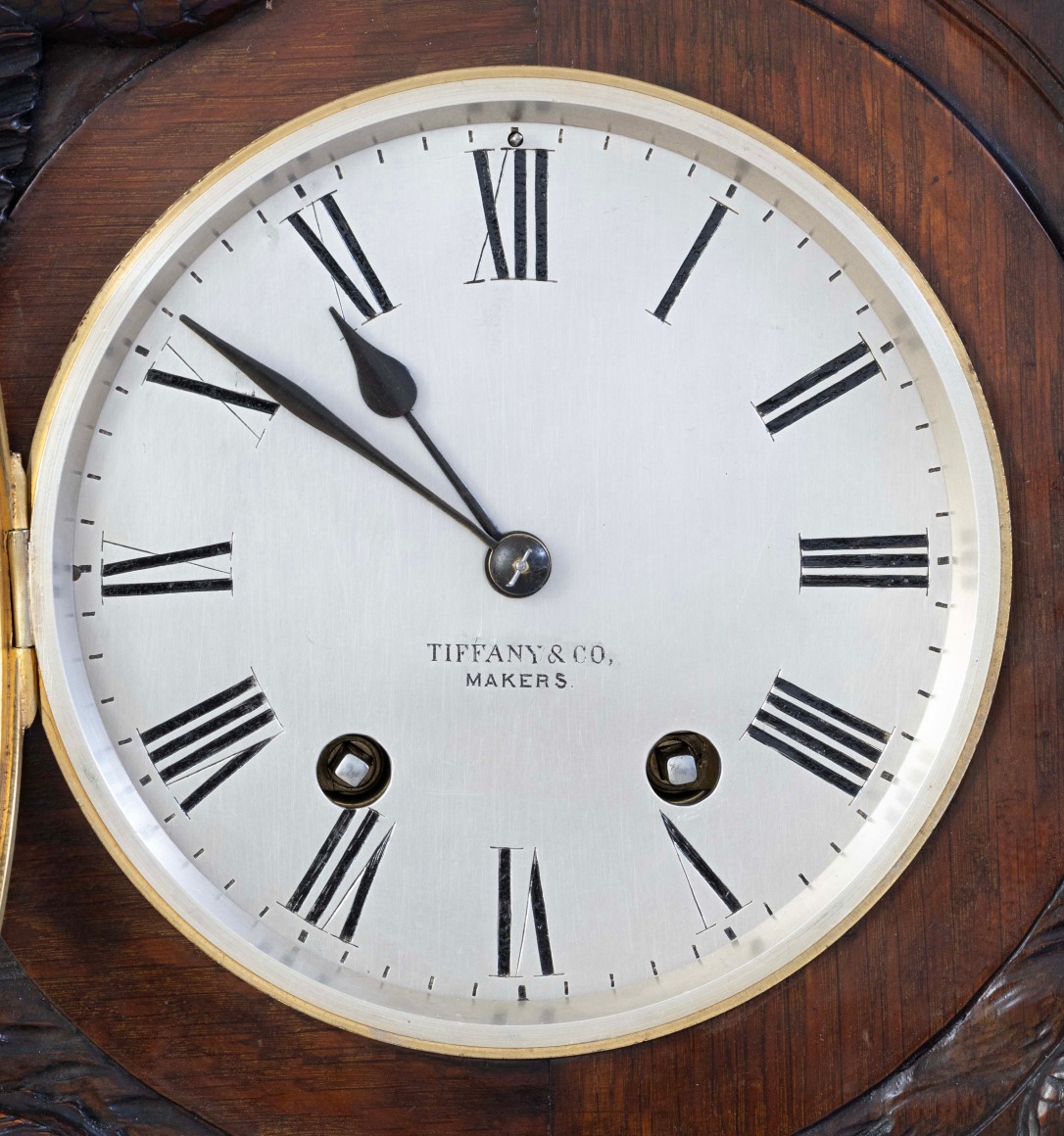 Tiffany Striking Clock with Clock and Calendar Matching Brass Bezels on
