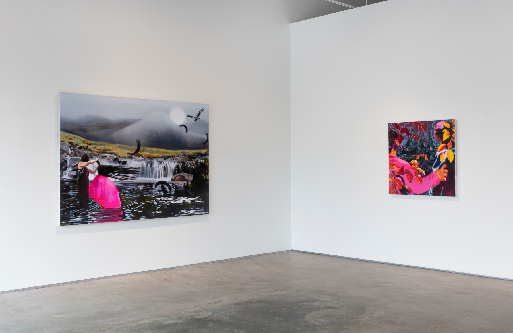 Yifan Jiang paintings Haircut and Midsummer installed in the gallery