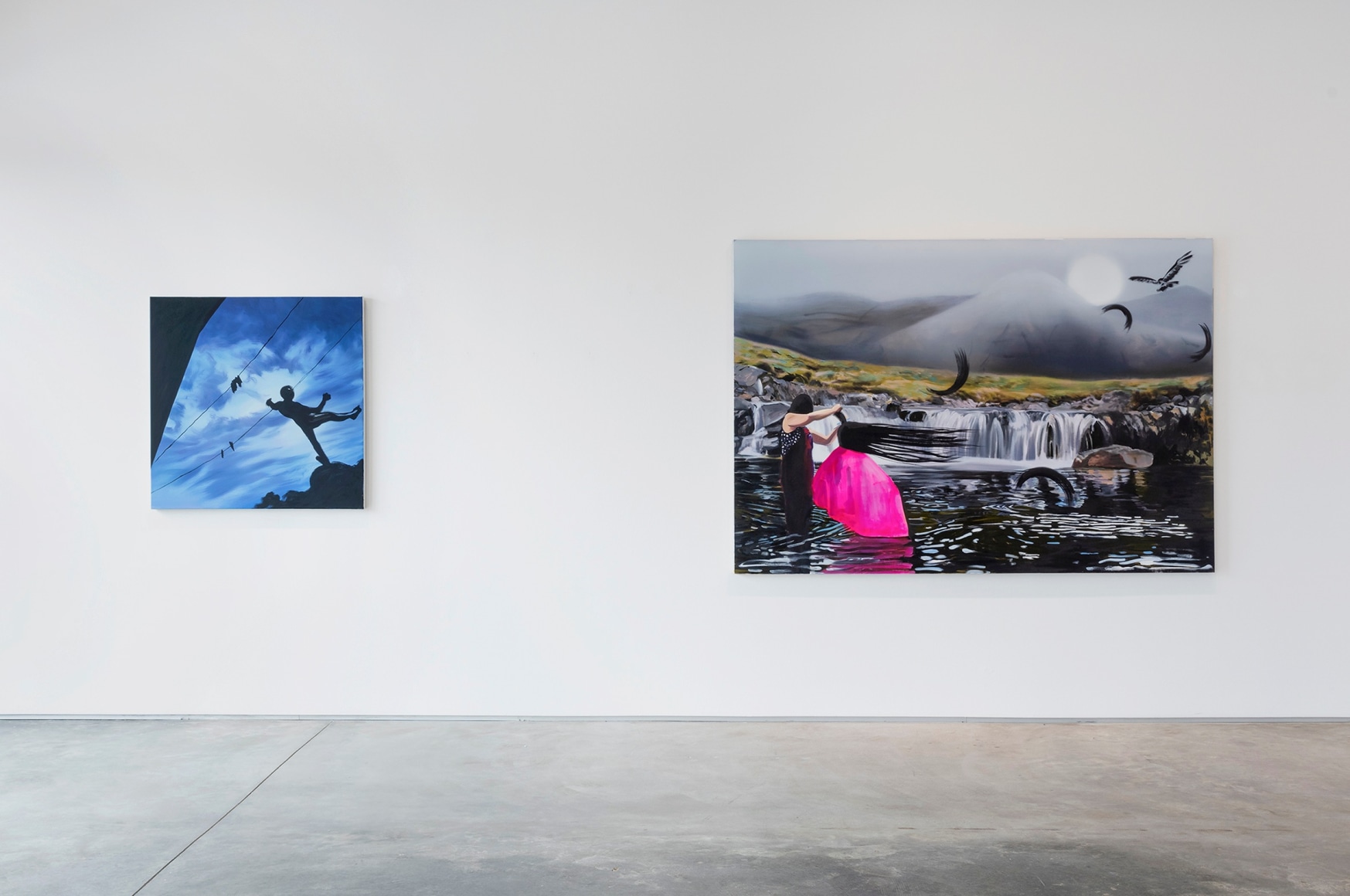 Yifan Jiang paintings Fall and Haircut installed in the gallery