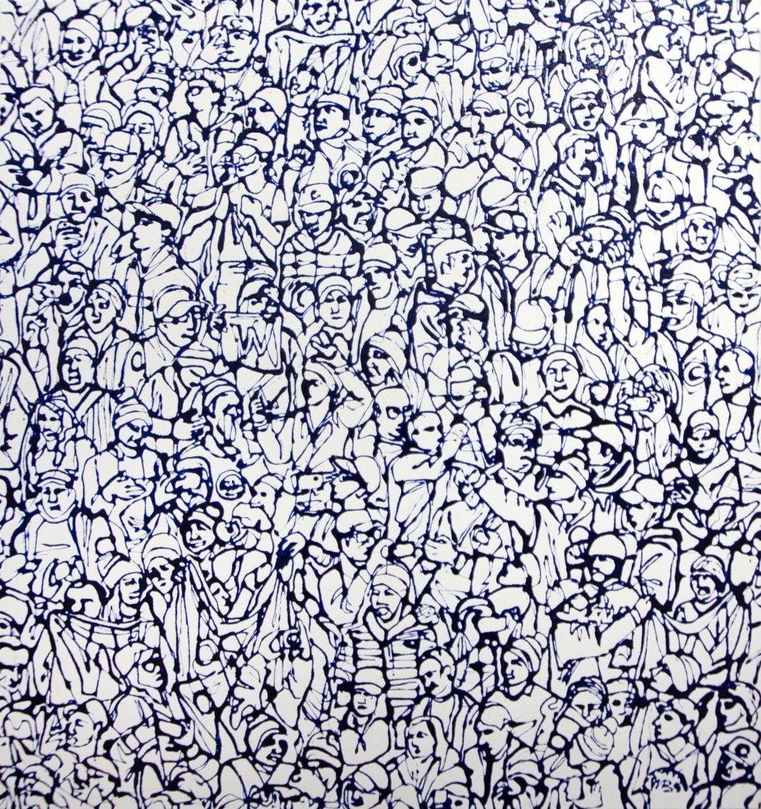 A black and white painting of people outlined on a white background, resembling an aerial view of people celebrating together an achievement.