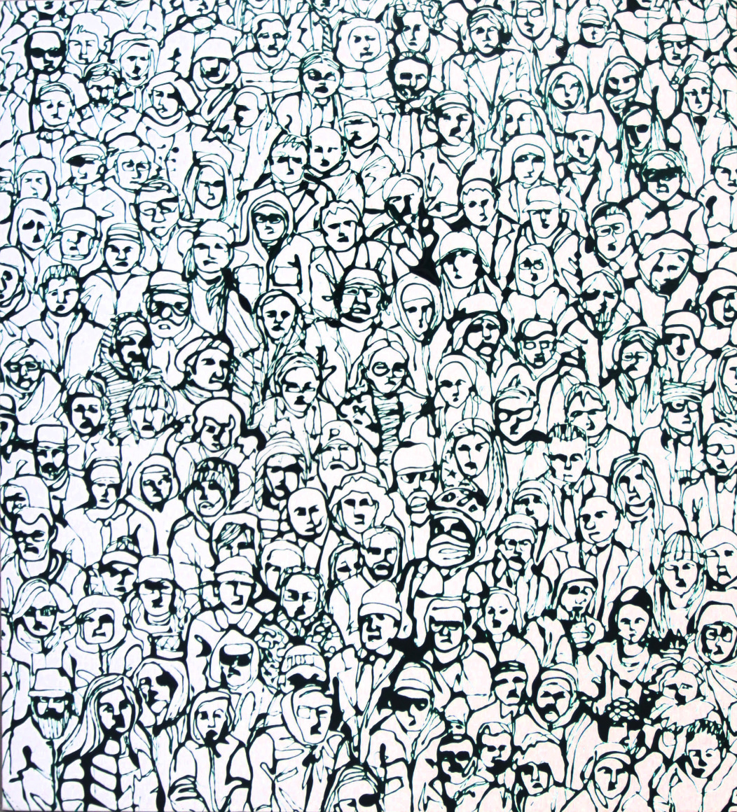 A monochrome painting of various people outlined on a white background, resembling an aerial view of voters.