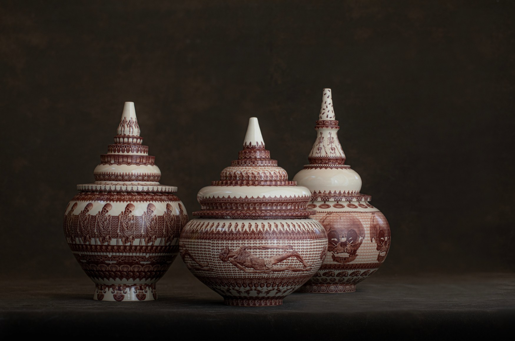 PETER OLSON, Death Jars (Impending Doom, Jar with Upright Skeletons, Jar with Skulls), 2019