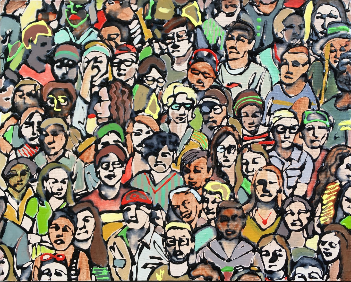 An aerial view painting of various people observing the same thing in vibrant colors.