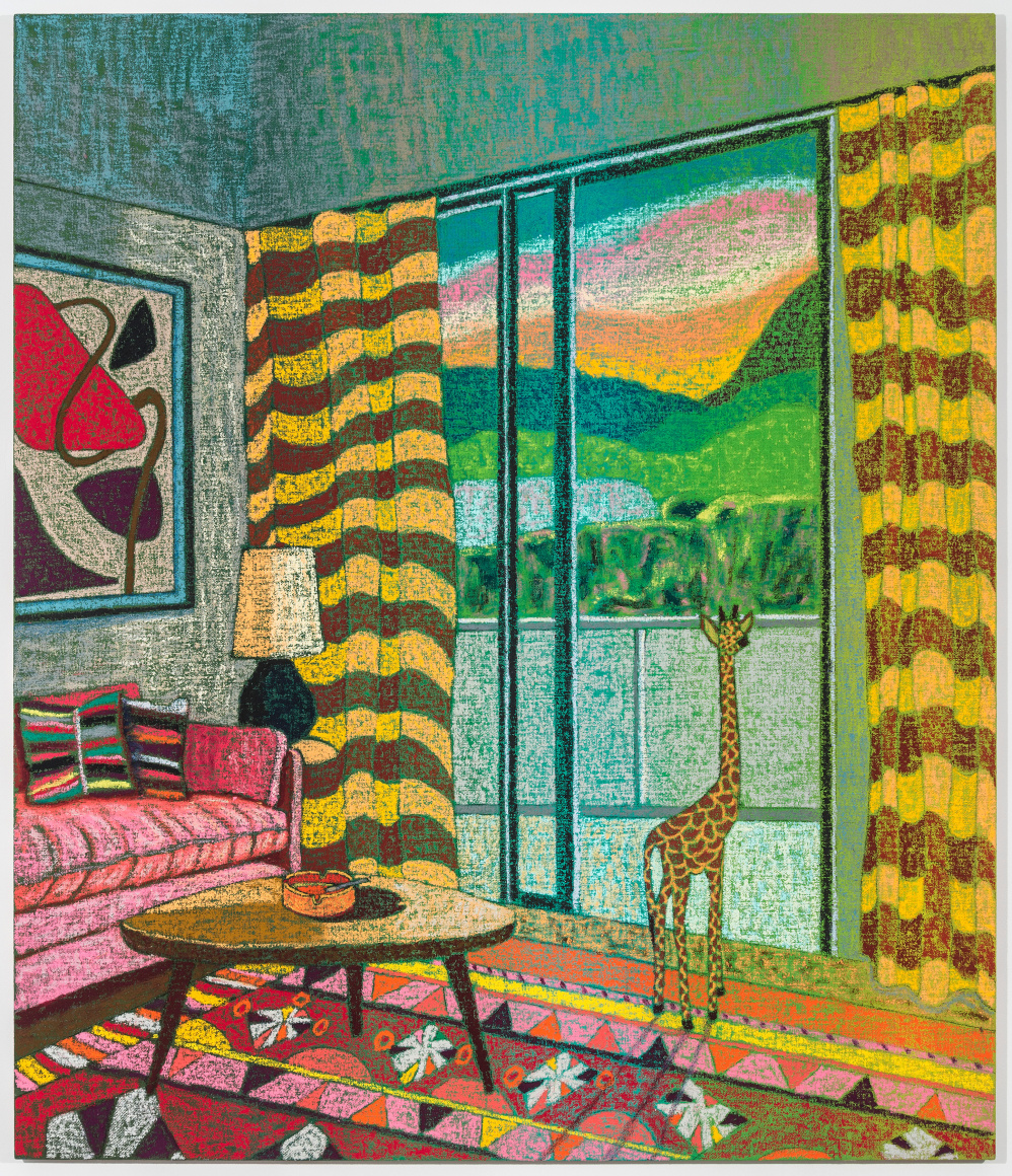 Interior with Giraffe Sculpture and Calder Print, 2021, oil stick, oil pastel, and Flashe on burlap