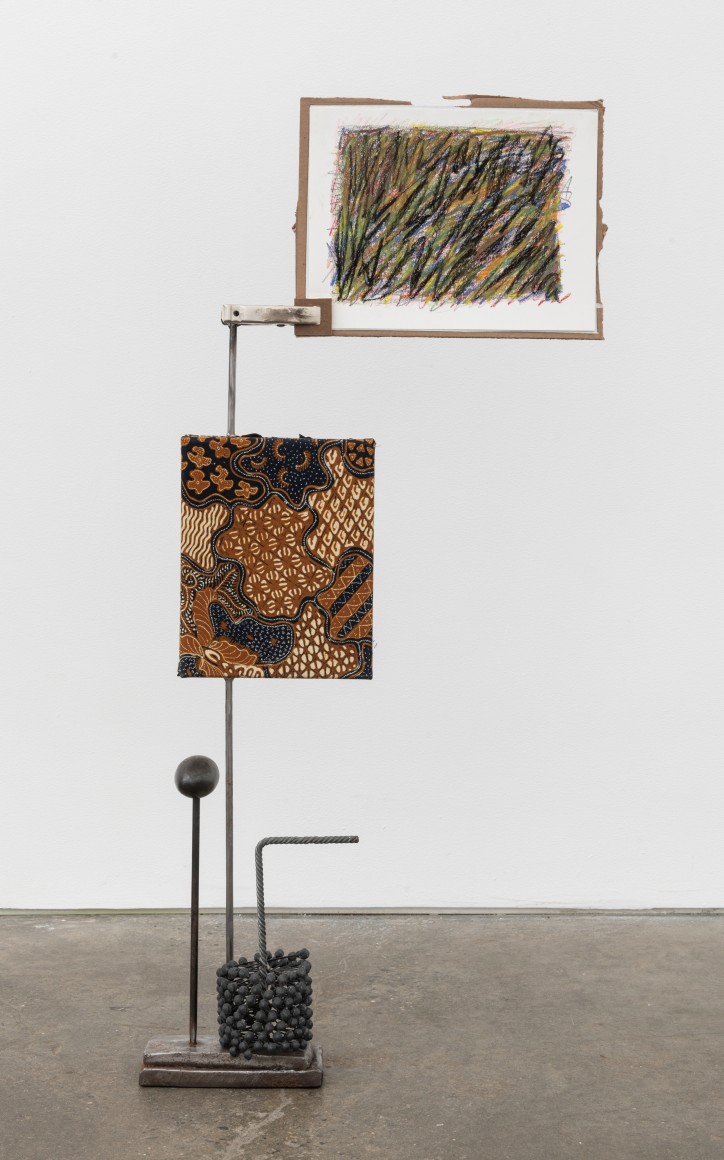 Right angles, paisley and batik, 2021, metal, metal objects, canvas panels, cardboard, scribble drawing, collage, oil pastel, China marker