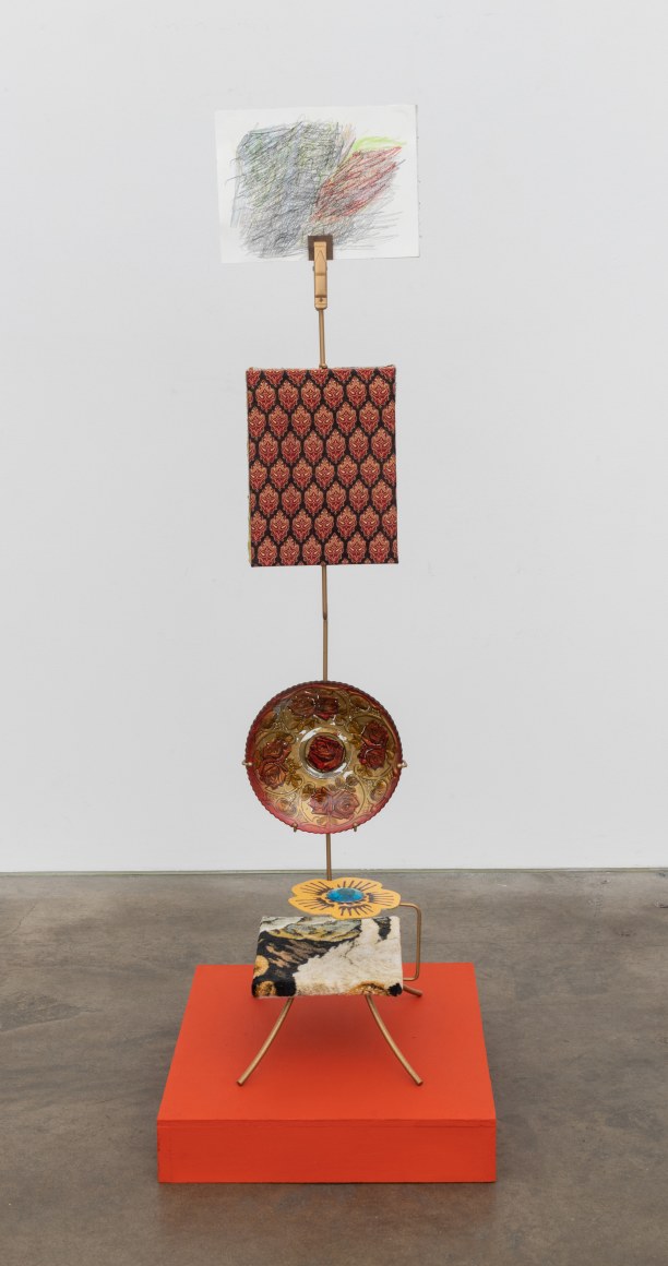 Display, 2021, hand-made wire post, canvas panels, cotton tapestry fabric made in Italy, Chinese silk fabric, dress fabric-India, goofus glass plate, cardboard, paper, colored pencil
