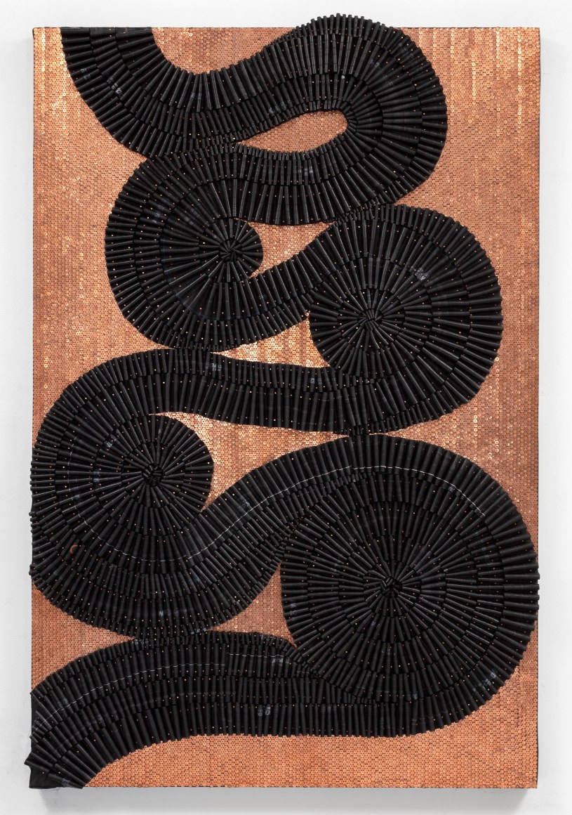 Chronometer, 2020, recycled rubber bicycle inner tubes, copper nails, copper washers, wood