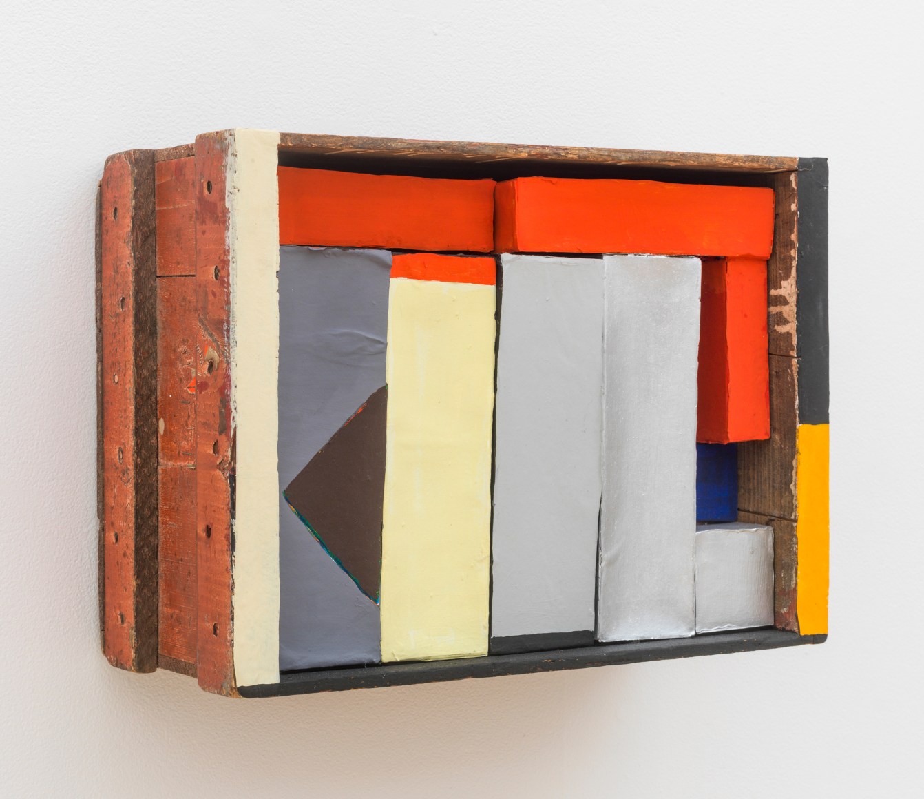 Red, Yellow, Blue boxes in a box, 2015, wooden box, cardboard boxes, paper, flashe acrylic, housepaint