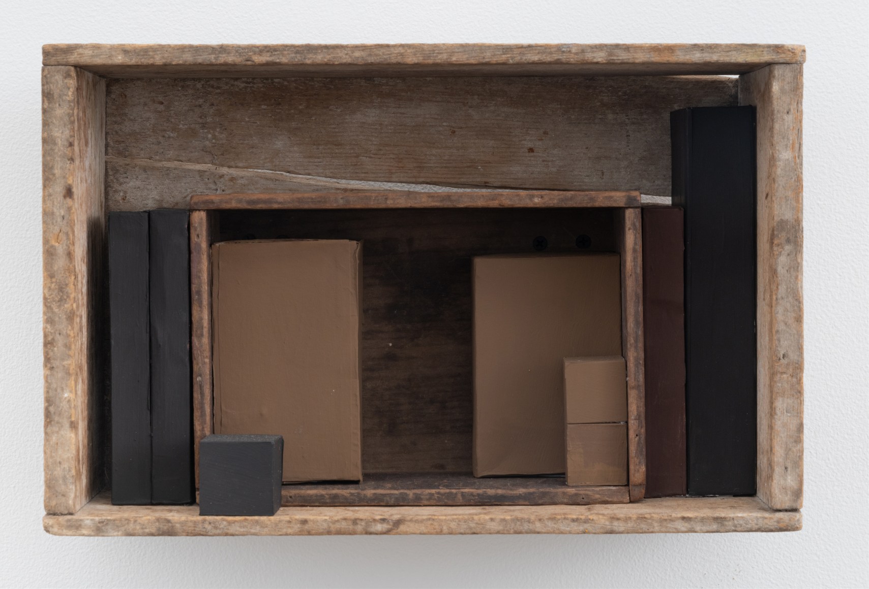 Entry "T", 2022, wooden box, cardboard boxes, paper, Flashe acrylic