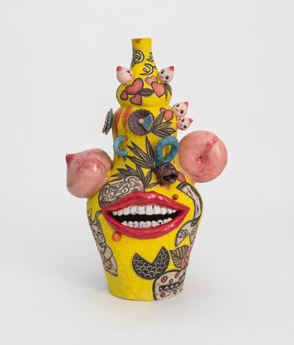 Peach Mask Face Jug, 2021, earthenware, underglaze, glaze