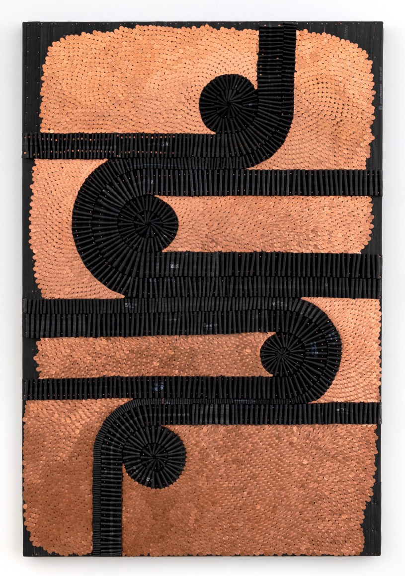 Chronometer #2, 2020, recycled rubber bicycle inner tubes, copper nails, punched copper, wood