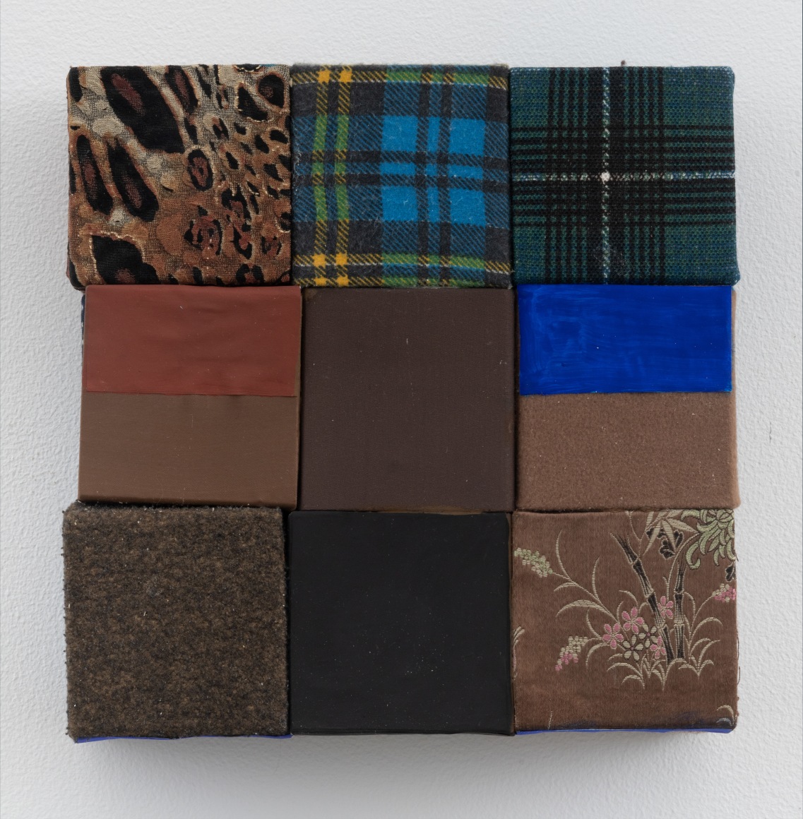 Blue Window, 2021, wooden blocks, dress fabric, flannel, sweat shirt fabric, paper, Flashe acrylic
