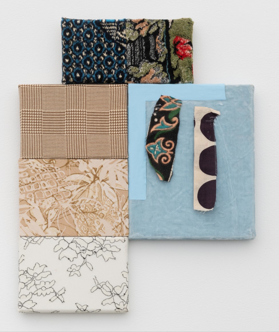 Spacer with Samples, 2020, canvas panels, dress fabric, imitation velvet, cotton tapestry fabric