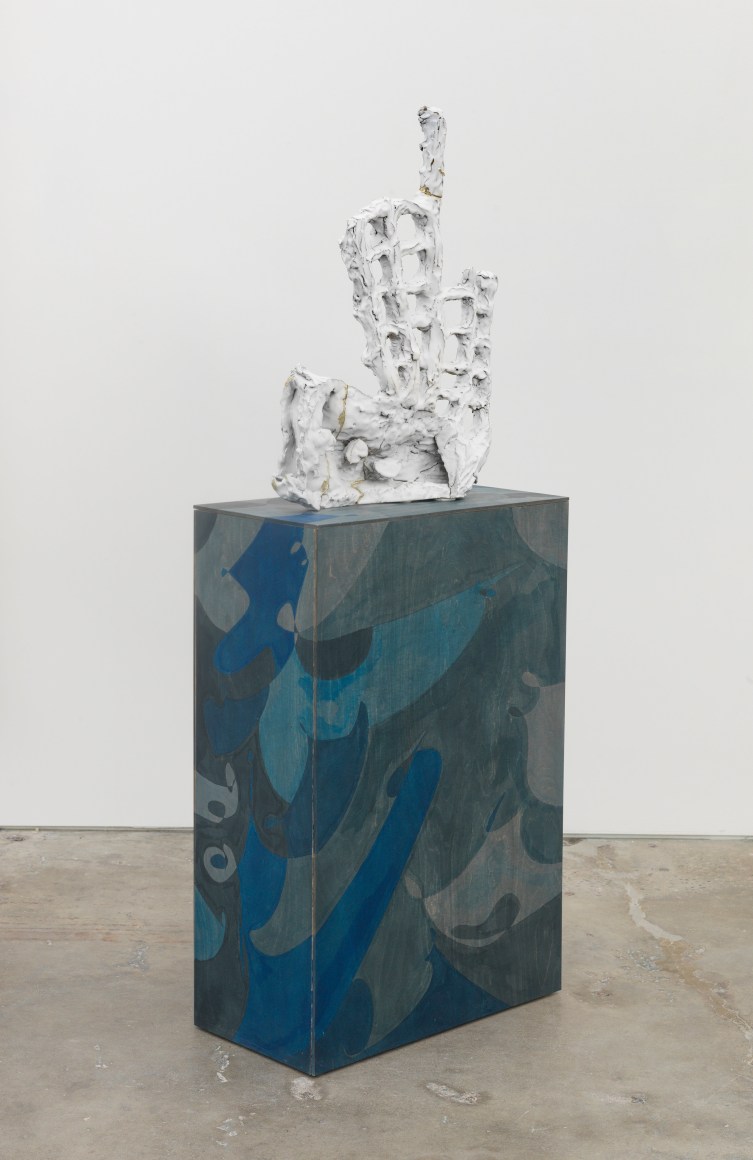Charon’s Call, 2016, Fired and glazed ceramic, grout, leaf gold, plywood, wood stain, lacquer