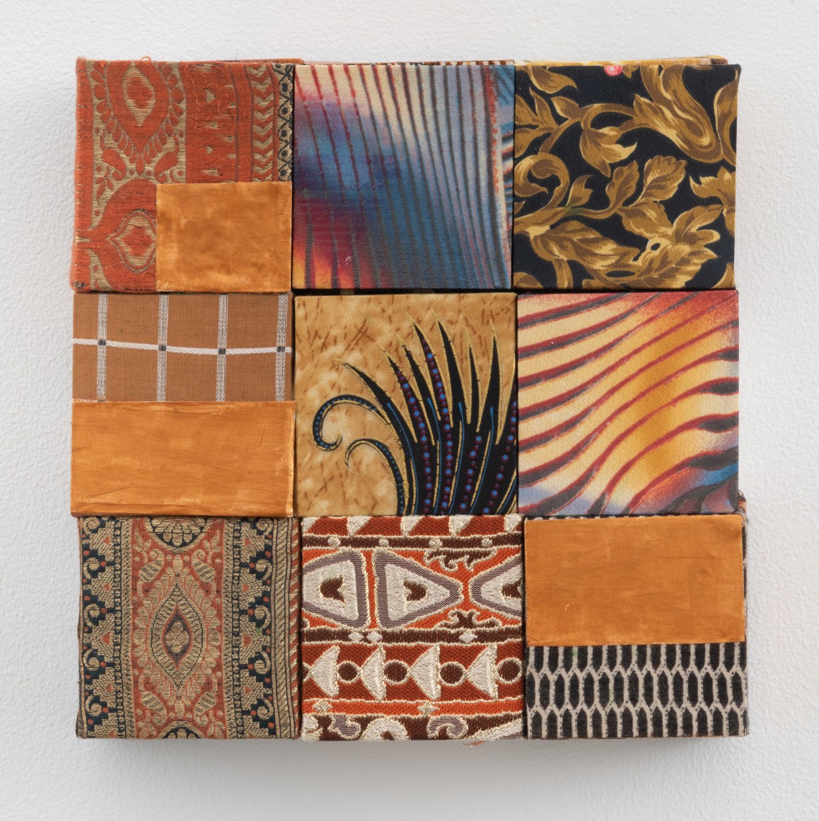 The Color of Gold, 2022, wooden blocks, dress fabric, trim, paper, Flashe acrylic