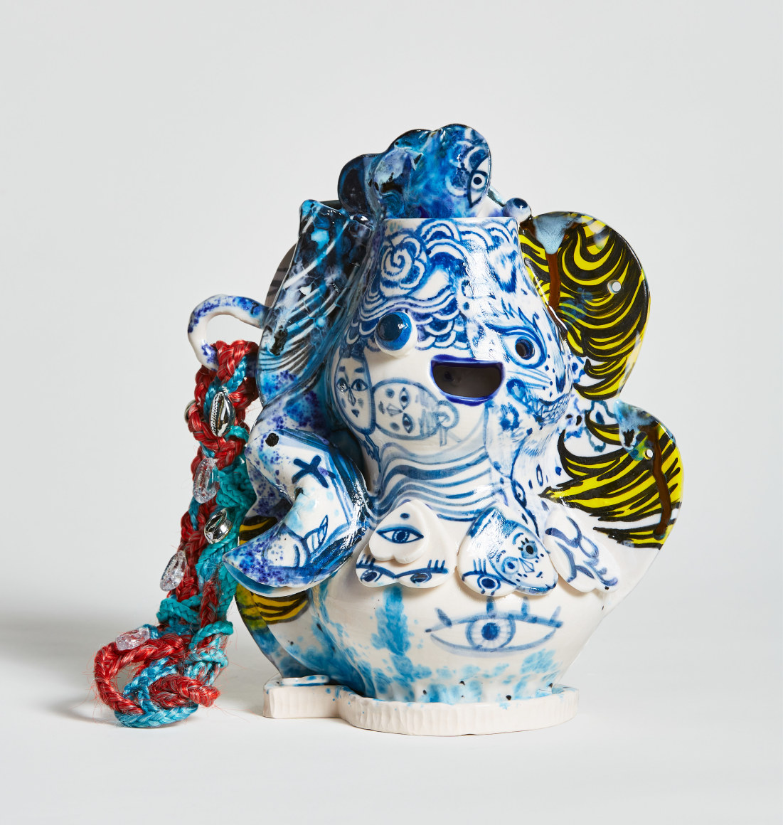 Twin, 2021 porcelain, underglaze, glaze, synthetic hair, found object
