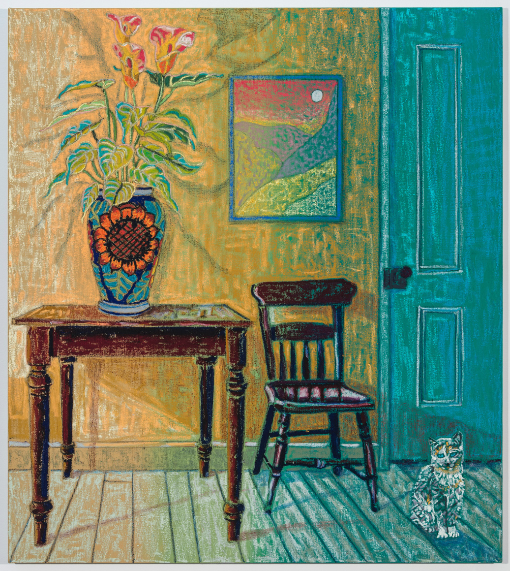 Interior with Mexican Vase, Lillies, & Calico Cat, 2021, oil stick, oil pastel, and Flashe on linen