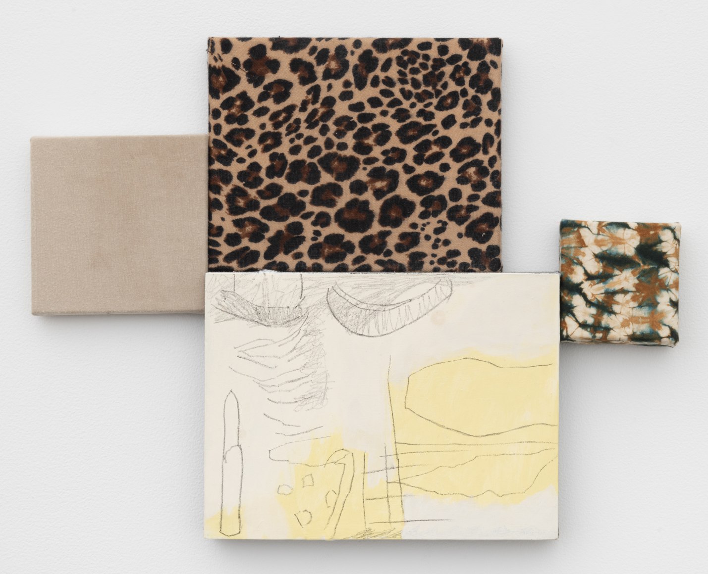 Spacer with drawing, 2019, canvas panels, leopard fabric, Ikat fabric, gesso, Flashe acrylic